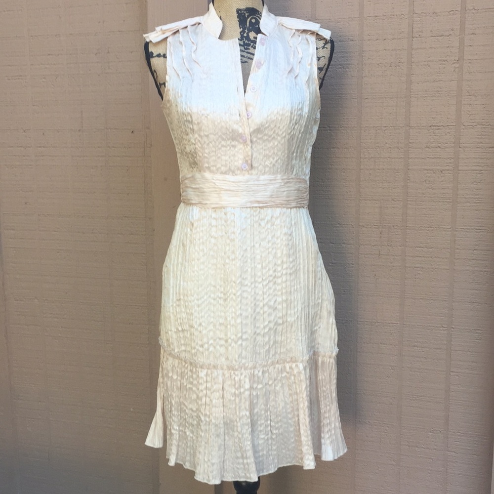 Sz S T Bleu Cream Crinkle Ruffled Dress EUC